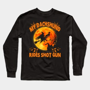 funny dachshund halloween riding a shot gun Long Sleeve T-Shirt